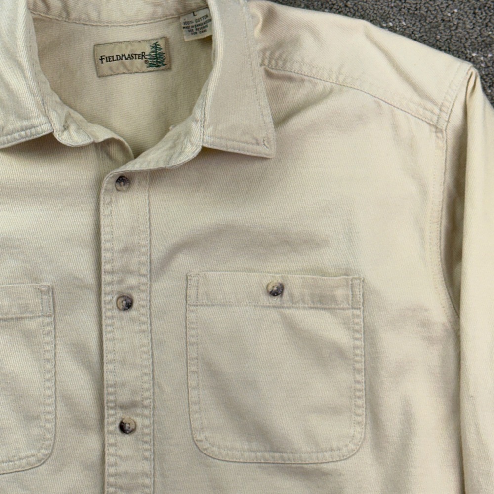 Vintage Fieldmaster Mens L Cream Ecru Cotton Work Shirt Long Sleeve Outdoor